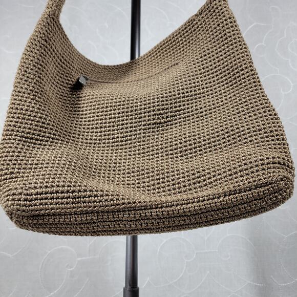 Vintage Sak Crochet Shoulder Bag 10" Dark Tan Nylon Ladies Handbag Pockets - Picture 6 of 16